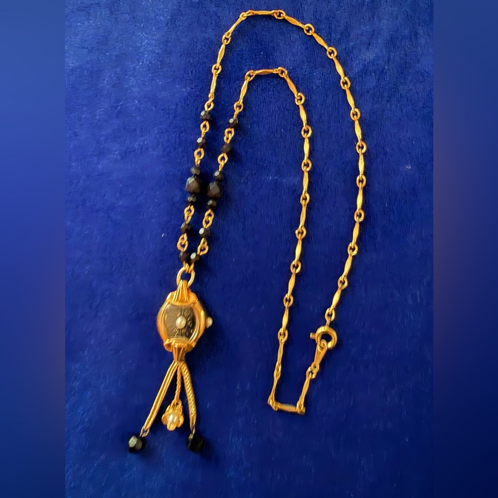 Gold-Tone Women’s Pendant Watch Necklace with Pearl Accent